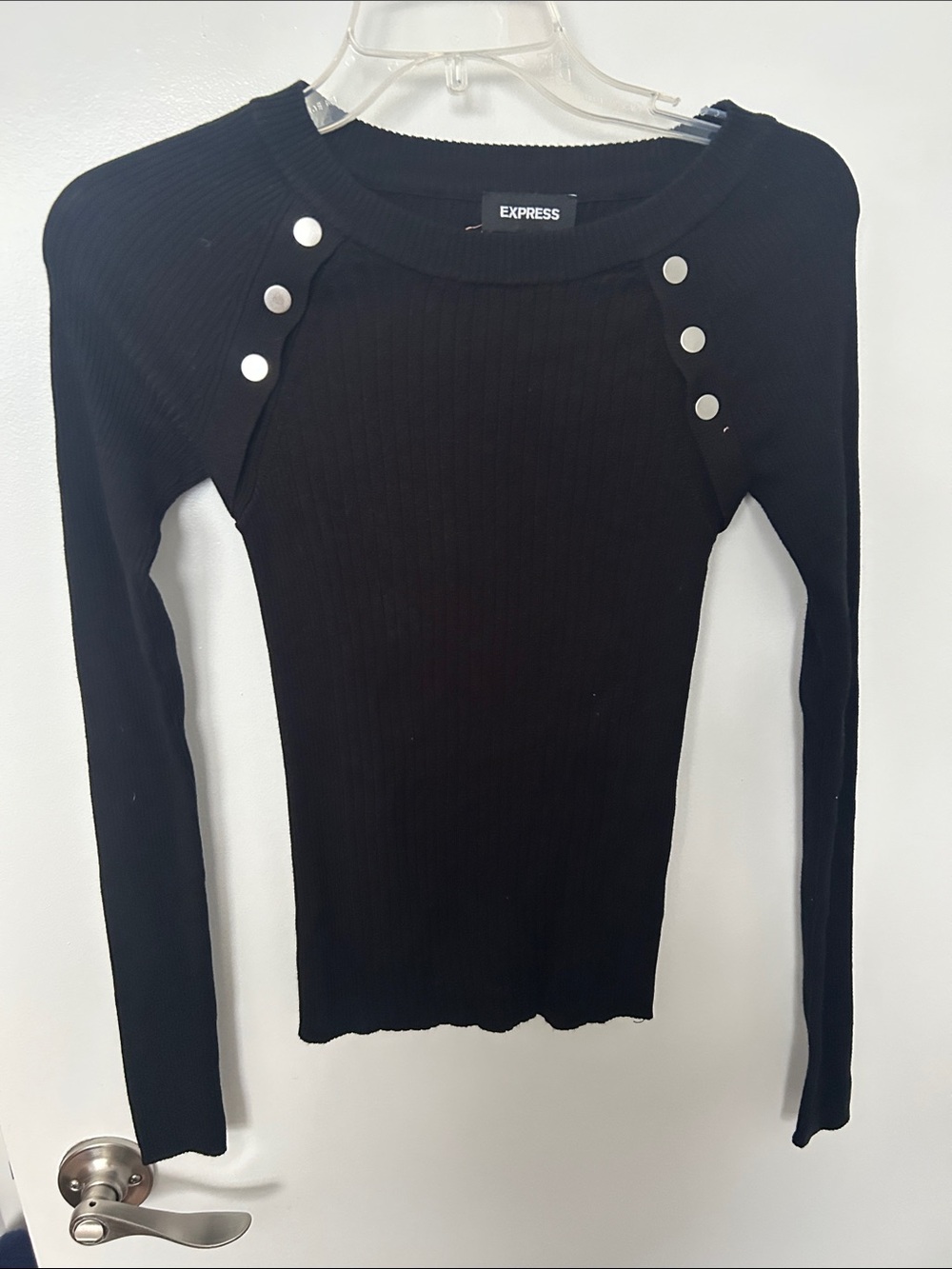 New W/T Express Black Rib-Knit Long Sleeve Top with Silver Button Accents. XS